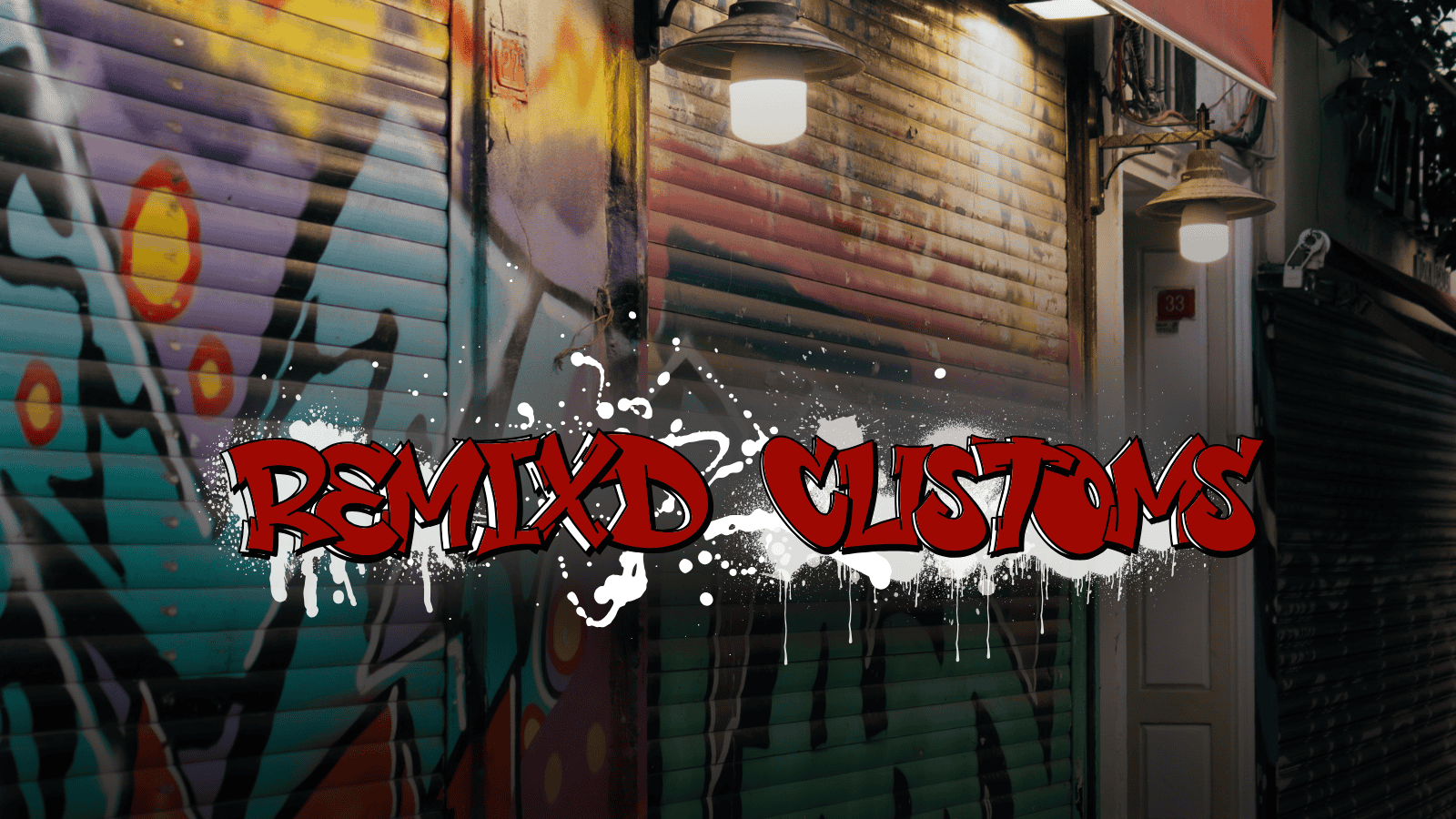 Graffiti-covered city alley wall with bold “Remix’d Customs” street art text, representing custom apparel and print design services.