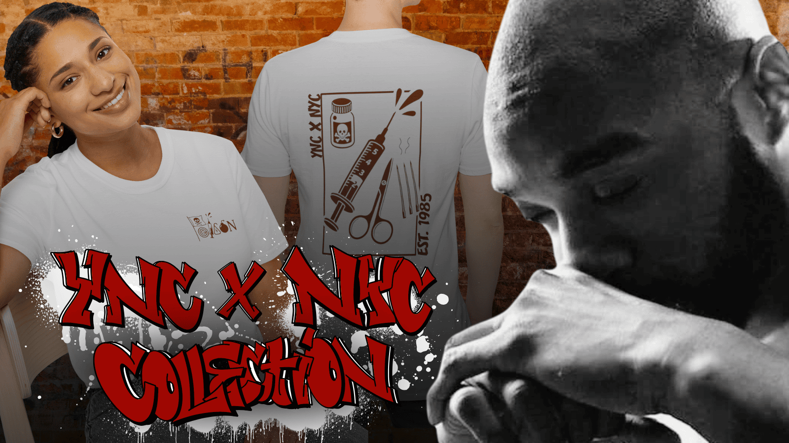 Red hoodie featuring “YNC x NYC Collection” graffiti-style text with paint splatter effects and The Can Opener Series logo on the chest.