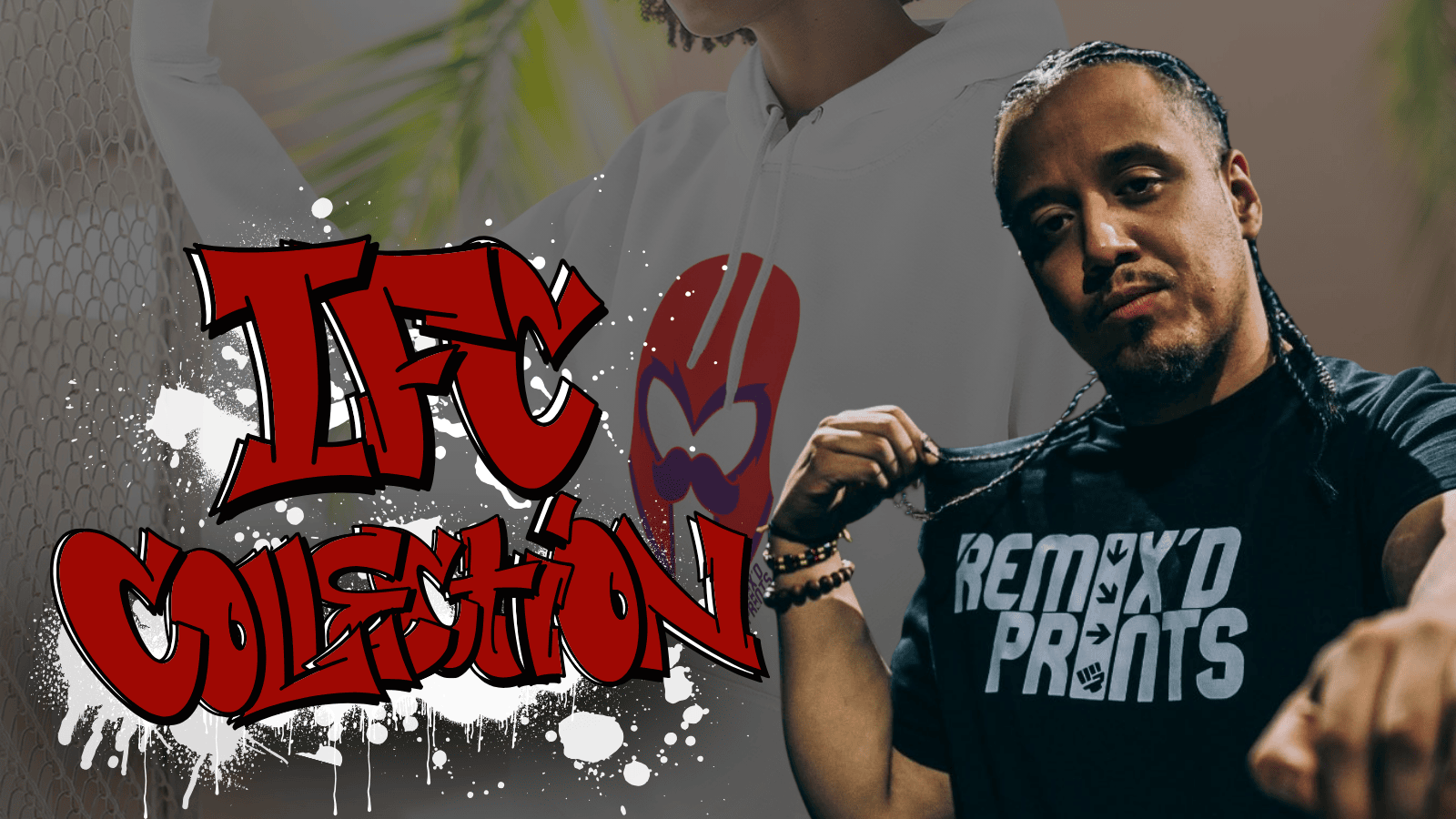 Black-and-white portrait of a IFC Yipes wearing headphones beside a white hoodie featuring a red IFC Collection graphic, with bold graffiti-style “IFC Collection” text overlay.