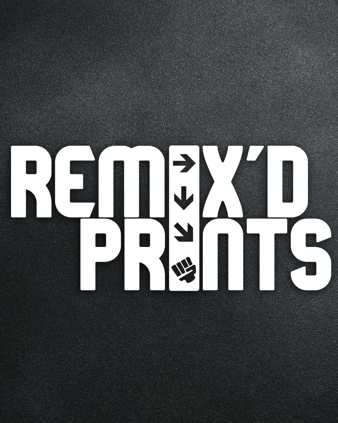 Remix’d Prints logo in bold white lettering on a dark textured background.